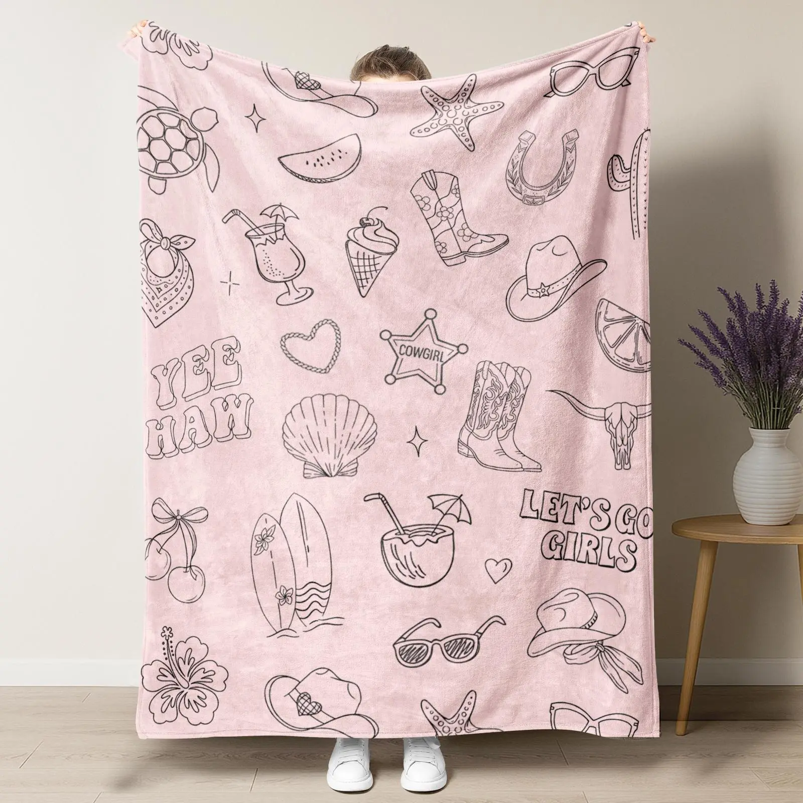 Summer Western Cowgirl Lightweight Blanket,Pink "Yee Haw" & "Let's Go Girls" Beach Themed Throw,Cozy Coastal Cowgirl Line Art Blanket for Girls' Room Decor,summervibes