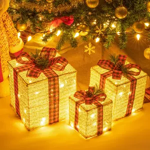 SUNNYGLADE 10"-8"-6" Set of 3 Christmas Lighted Gift Boxes Decoration Boxes with Plug, Bows, Artificial Pine Leaves and Pine Cones for Christmas, Weddings Yard Home Holiday Art Decoration