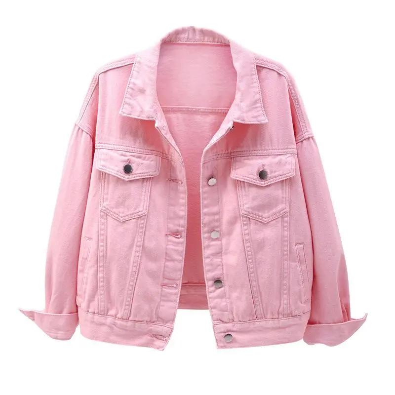 Women's Casual Pink Denim Button Jacket - Basic Long Sleeve Fitted Cotton Tops, Spring-Summer Outdoor Clothes, Sports Outerwear, 2Xl, Plus Size