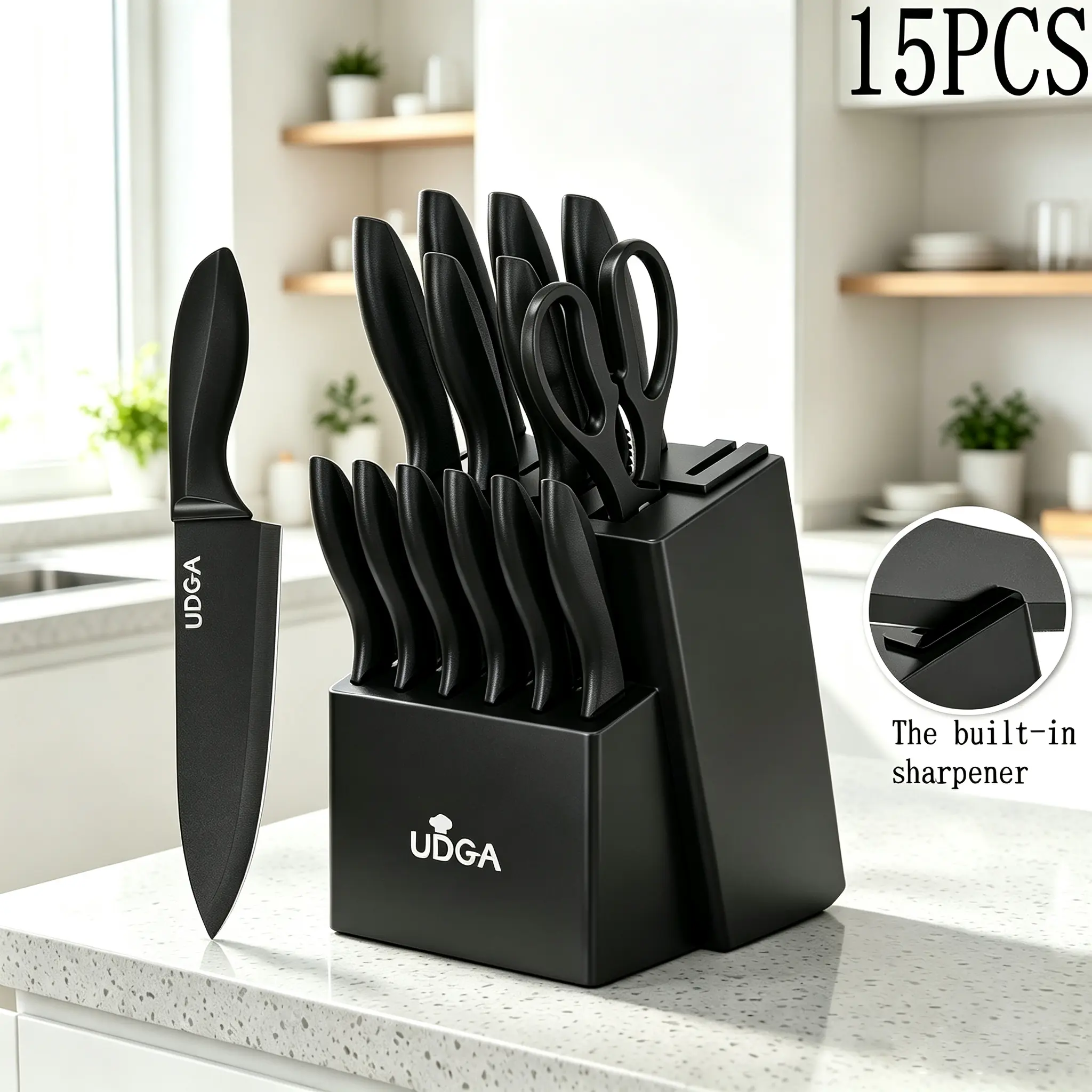 15 piece kitchen knife set, equipped with a built-in knife sharpener and space saving design, meeting all your cooking needs - chef knives, peelers, kitchen scissors, etc., perfect for home chefs and cooking enthusiasts