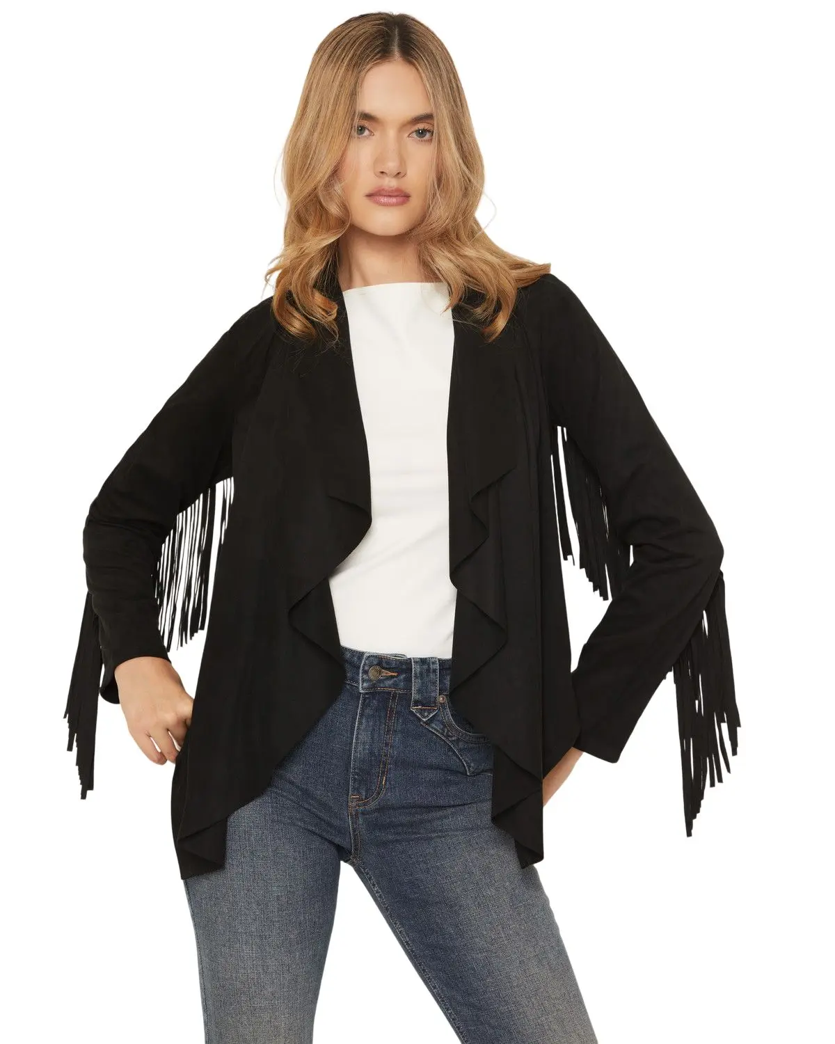 Shyanne Women's Women'S Cascade Front Fringe Faux Suede Jacket - Swsp25o68-Blk