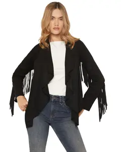 Shyanne Women's Women'S Cascade Front Fringe Faux Suede Jacket - Swsp25o68-Blk