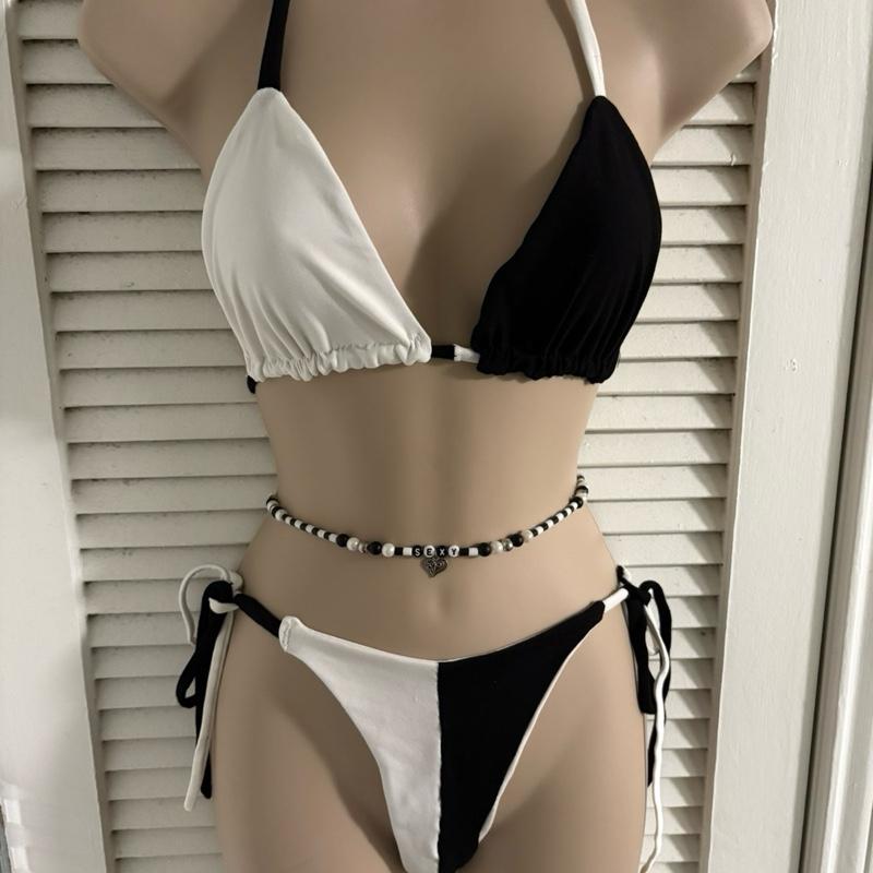 Large 2-Toned Bikini with Stylish Black and White Combination and Elegant Side-Tie Design for Beachwear
