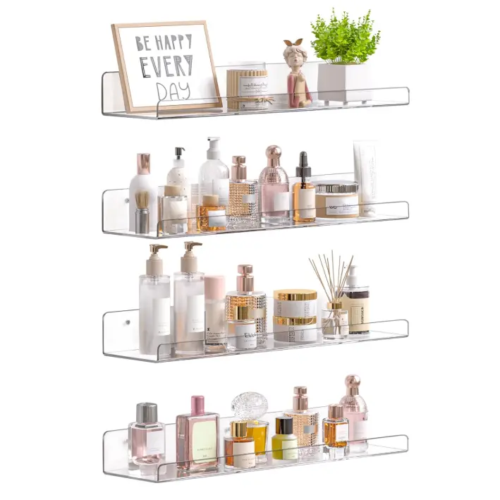 4-Pack 15" Acrylic Floating Wall Mounted Shelves, Bathroom Storage Organizer for Perfume, Makeup & Skincare, Home Decor for Bedroom & Living Room, Wall Mounted Shelf, Floating Shelves