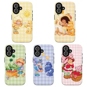 FL-Retro Strawberry Sh0rtcak3 Phone Case, Gingham Cute Cartoon Protective Cover For iPhone 11 12 13 14 15 16 17 Air Pro Max for Samsung S26 S25 S24 S23 S22 S21 Case,Gift for her/him/fans