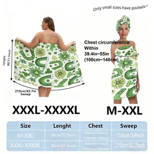 Plus Size Bath Robe Set, Women's Floral & Horseshoe Patterned Towel Wrap with Headwrap, Smiling Flowers & Clovers, Perfect for Spa, Holiday Decor (Xmas/Birthday) - White Base, Green Yellow Motifs, Sizes: M-XXXXL