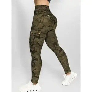 Army Green Camouflage Printed High Waisted Workwear Patch Pocket Skinny Yoga Bottom Pants Athleisure Style Comfortable