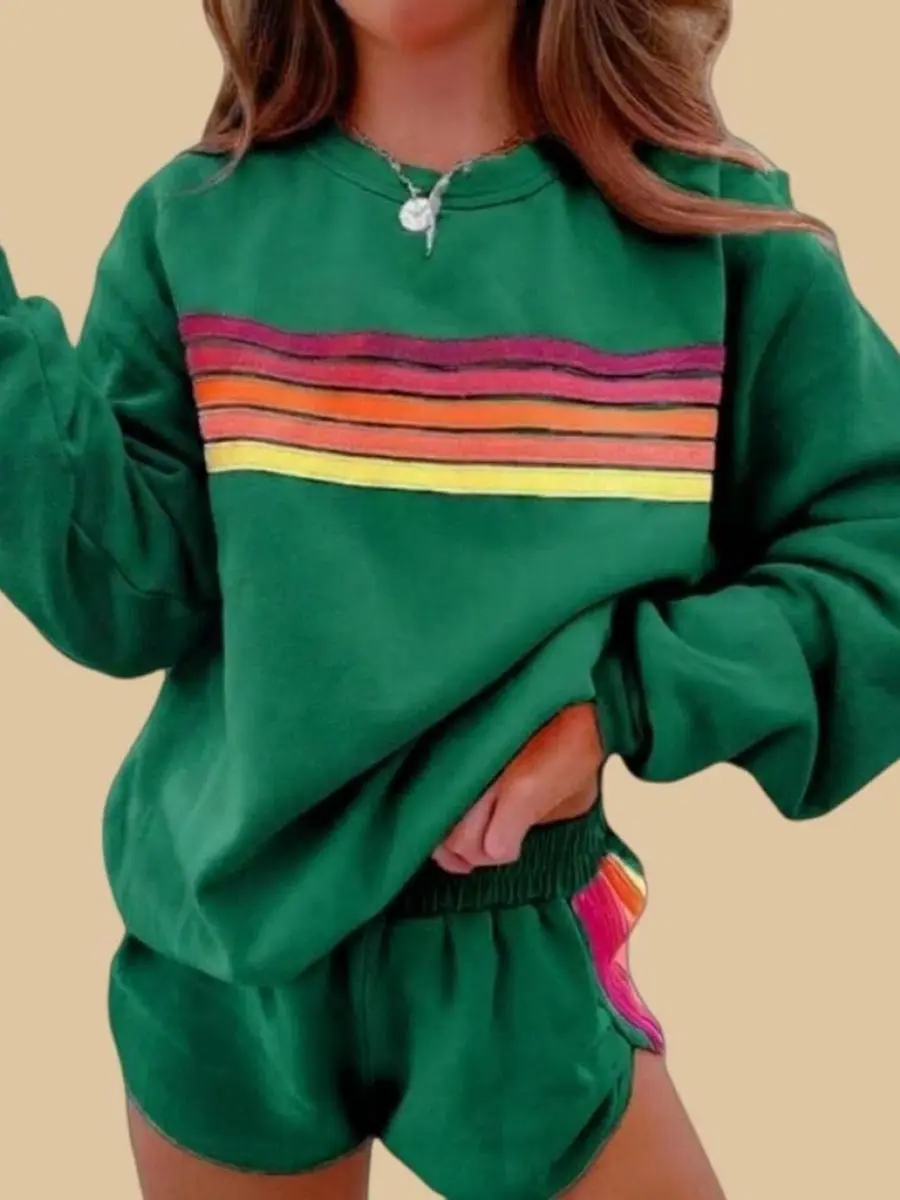 Tongudon Women's Baggy 2-Piece Lounge Set, Retro Colorblock Striped Drop Shoulders Pullover & Shorts, Soft Cotton Blend Fabric, Crew Neck, Above The Knee, Gentle Apricot, Girls, Light, Sweatshirt, Casual, Long Sleeve, Rainbow Stripe, Polyester Blend