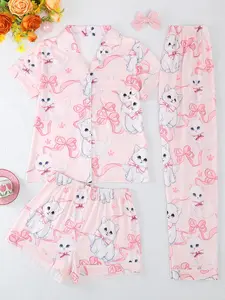 Women's Pajama Set, Casual Fitted Sleepwear, All-Over Print, Short Sleeve Shirt & Elastic Shorts, Cute Cat Bow Design, Four-Season Wear