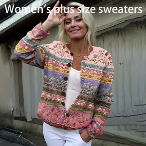 Women's Plus Size 3D Floral Print Cardigan Slim Fit Button Front Closure Vivid Floral Round Neck Print Long Sleeve Soft Comfortable Fabric Knitted Jacket Youthful Polyester Material Top Women's Knit Elegant Everyday Overall Style Outfit Knitwear Fitted