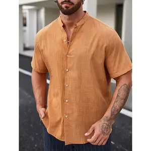 Men'S Plus Size Casual Cotton Shirt, 100% Cotton, Mandarin Collar, Short Sleeve, Solid Color, Button Detail, Non-Stretch Fabric, Woven, Regular Fit, Summer Beach Loose Top - 110g/m²