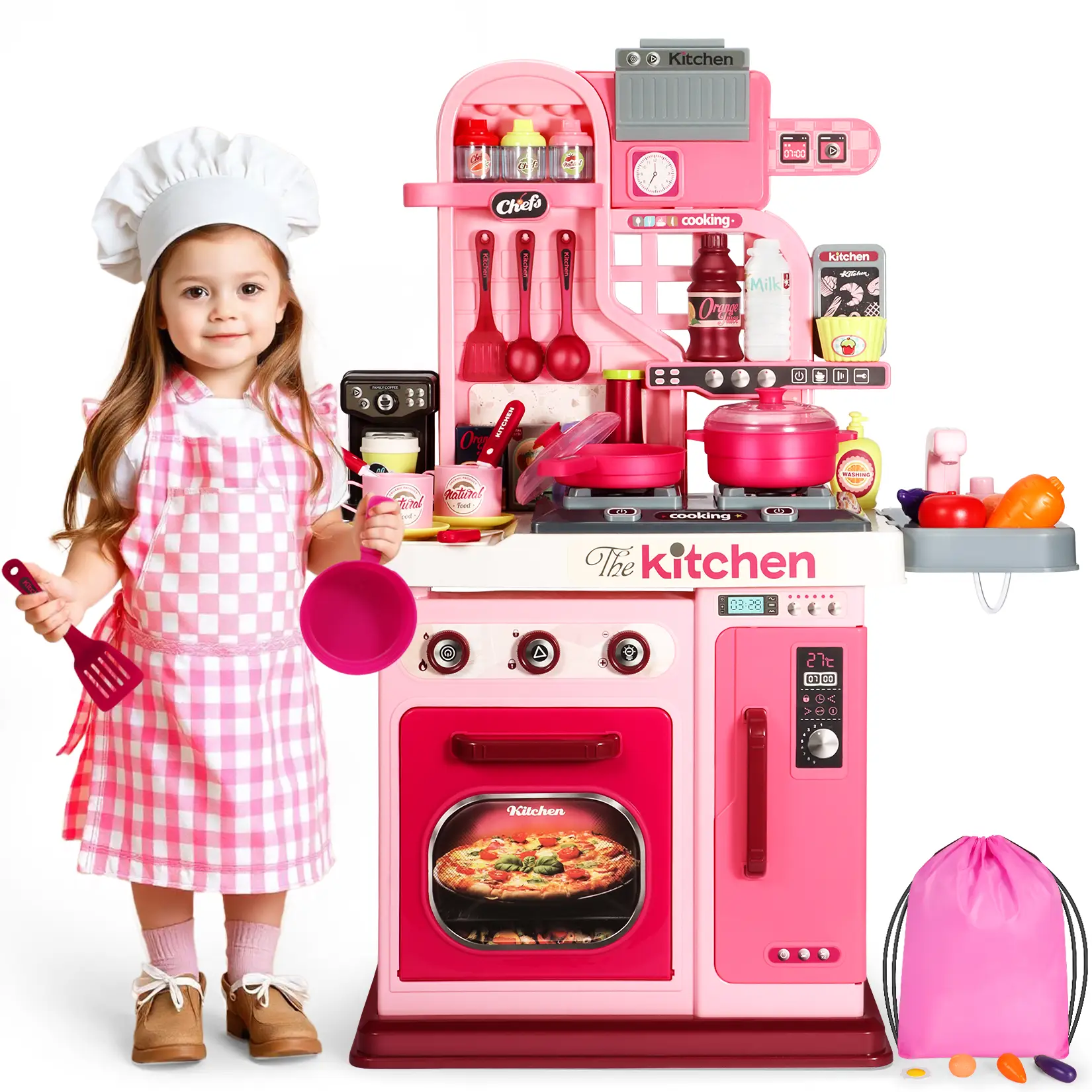 53Pcs Kids Kitchen Toy Set, 27.1 Inch Pink Toy Kitchen with Sound and Light, Kitchen Set for Kids 3+, Stove, Toy Sink and Kitchen Accessories, Best Ho