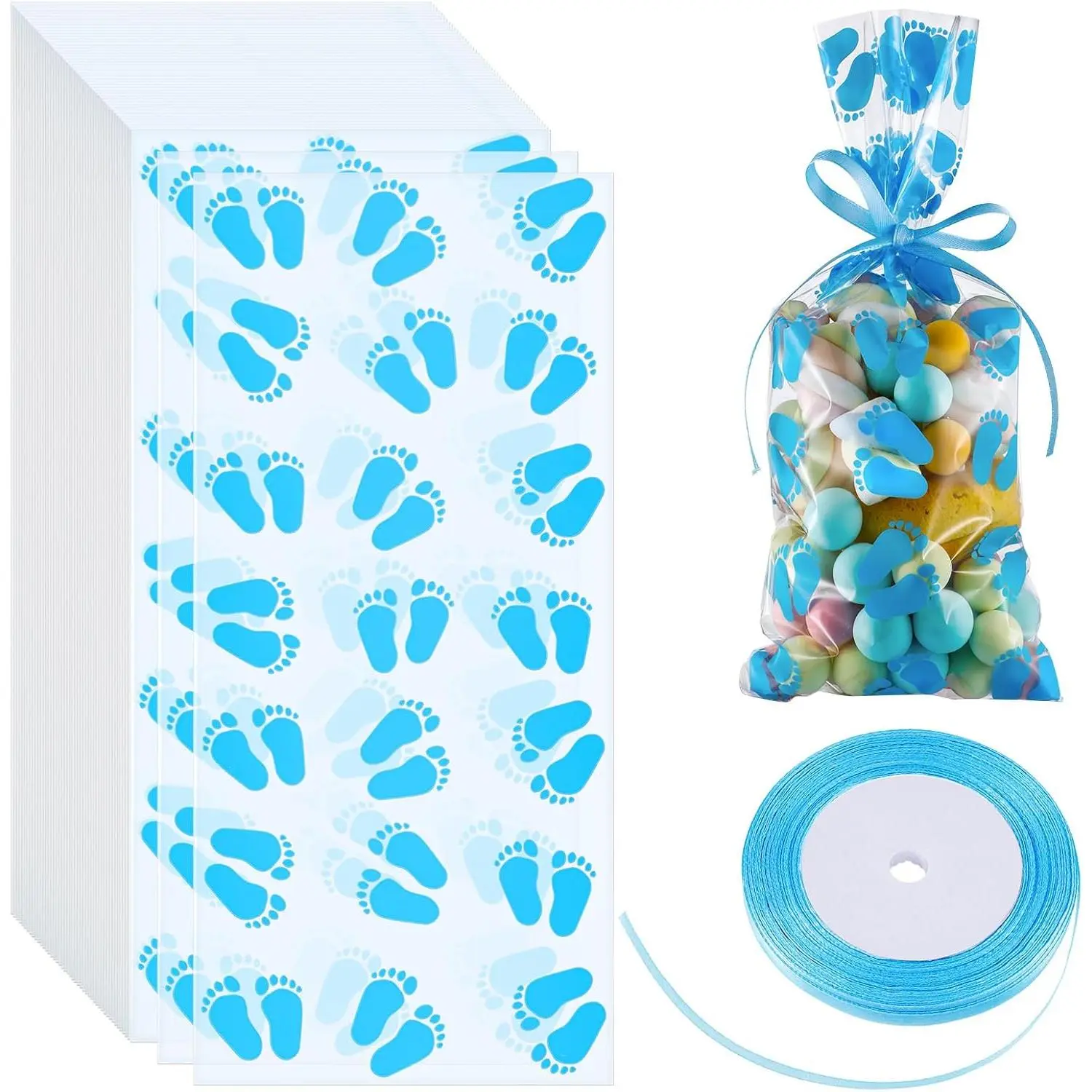 100 Pack Pink Cellophane Bags with Footprint Print for Girls, Favor Treat & Gift Pouches with Ribbons, Bag, Party Bags