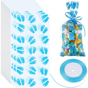 100 Pack Baby Shower Treat Bags for Boy - Pink Cellophane, Footprint Design - with Ribbons, Candy Bags - Perfect for Baby Showers, Birthdays