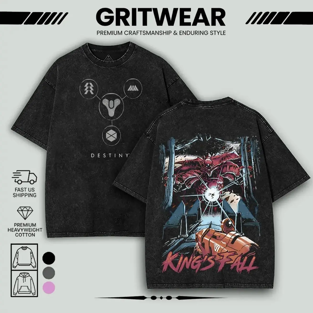Destinys 2 King’s Fall acid wash Oversize 2 Sided premium heavy cotton t-shirt unisex trendy game graphic t-shirts Menswear Streetwear 90s retro black Soft clothes merch W8G