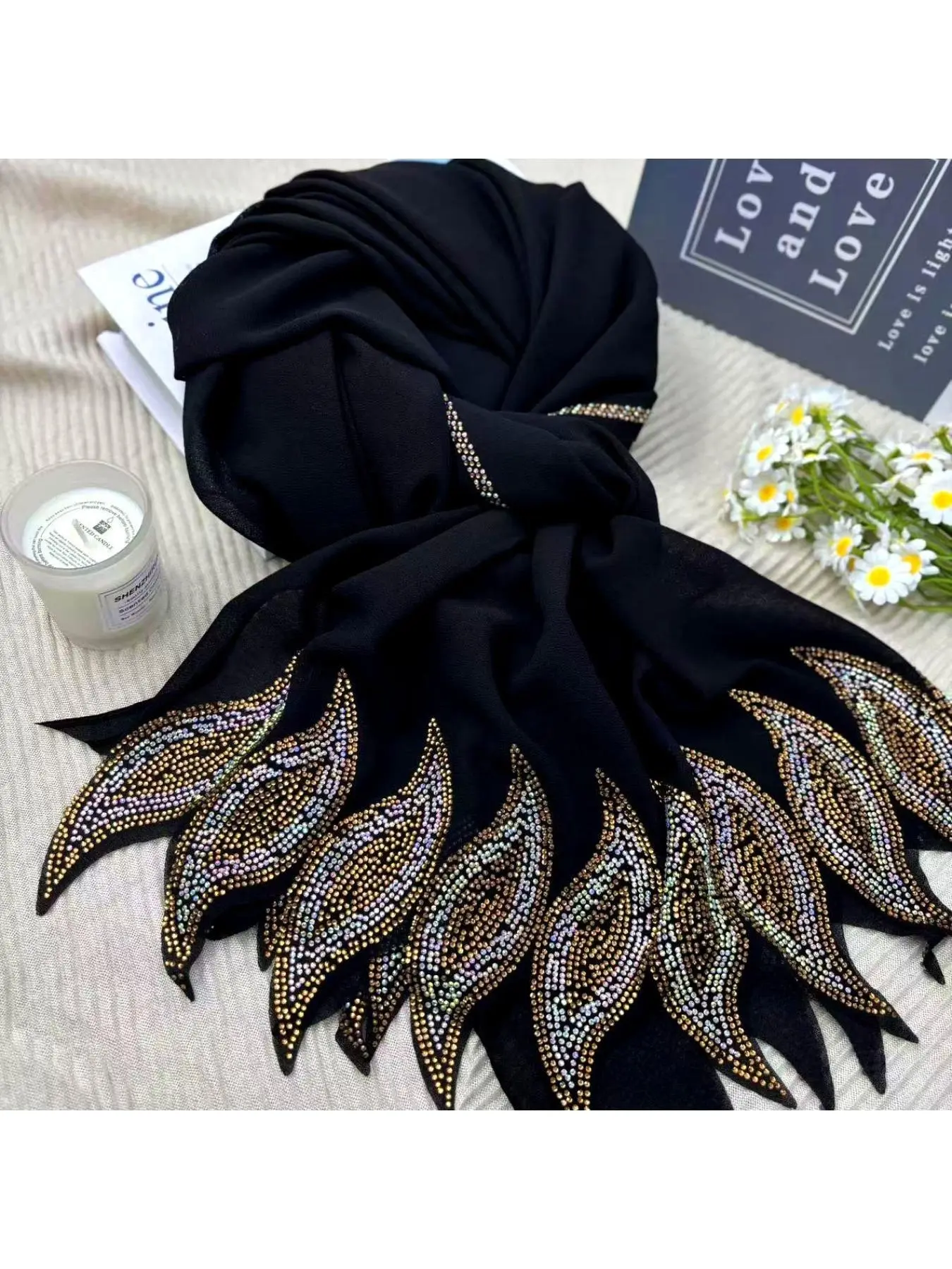 Black Chiffon Hot-Fix Crystal Scarf, Gold Trim Rhinestone Shawl, Elegant and Light Luxury Style Multi-Use Scarf and Headwear Accessory