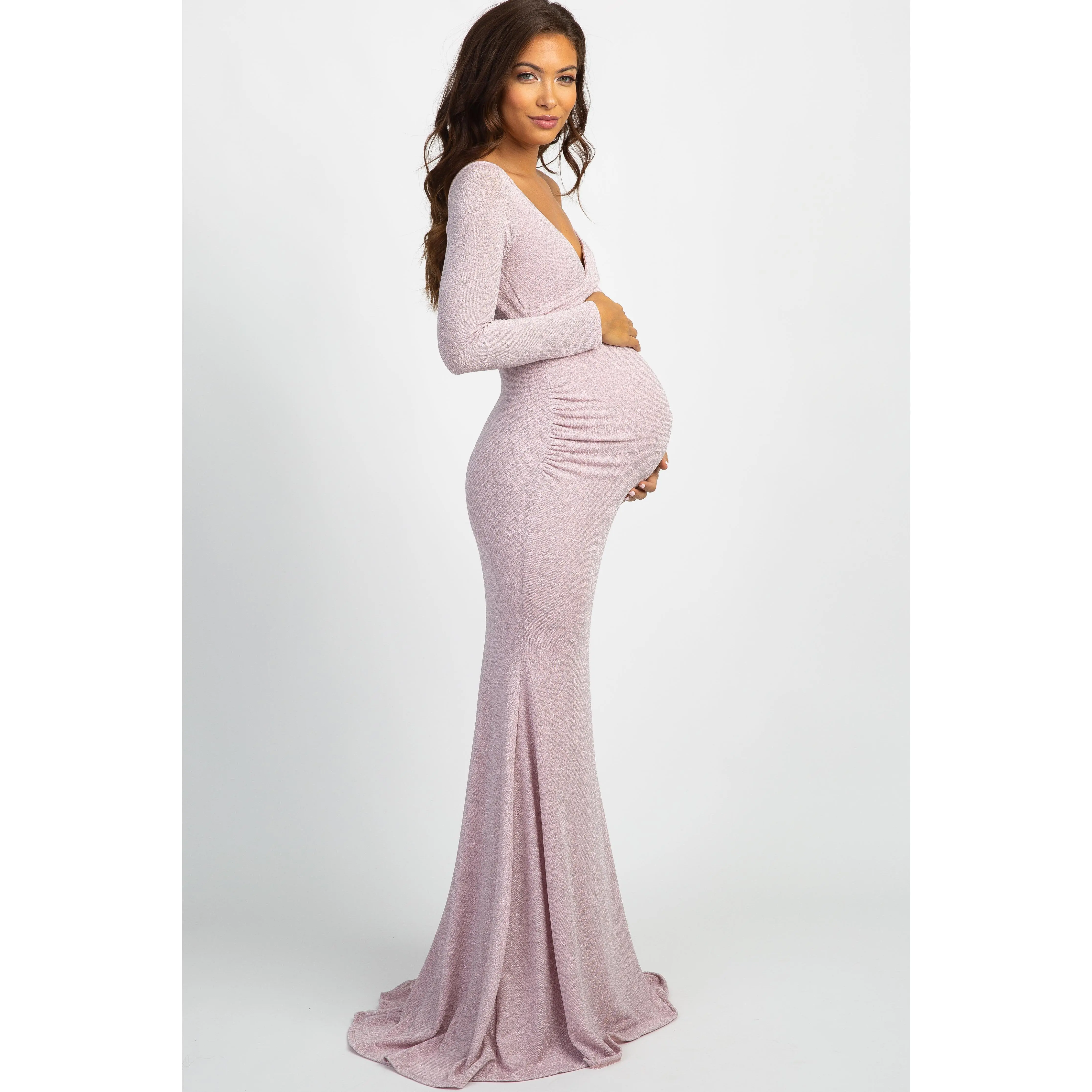 PinkBlush Pink Metallic Off Shoulder Long Sleeve Wrap Maternity Photoshoot Gown/Dress