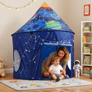 Blue Starry Sky Portable Foldable Kids Play Tent, breathable and well-ventilated children's toy tent. The blue rocket starry sky play tent is the perfect gift for kids! Starlight