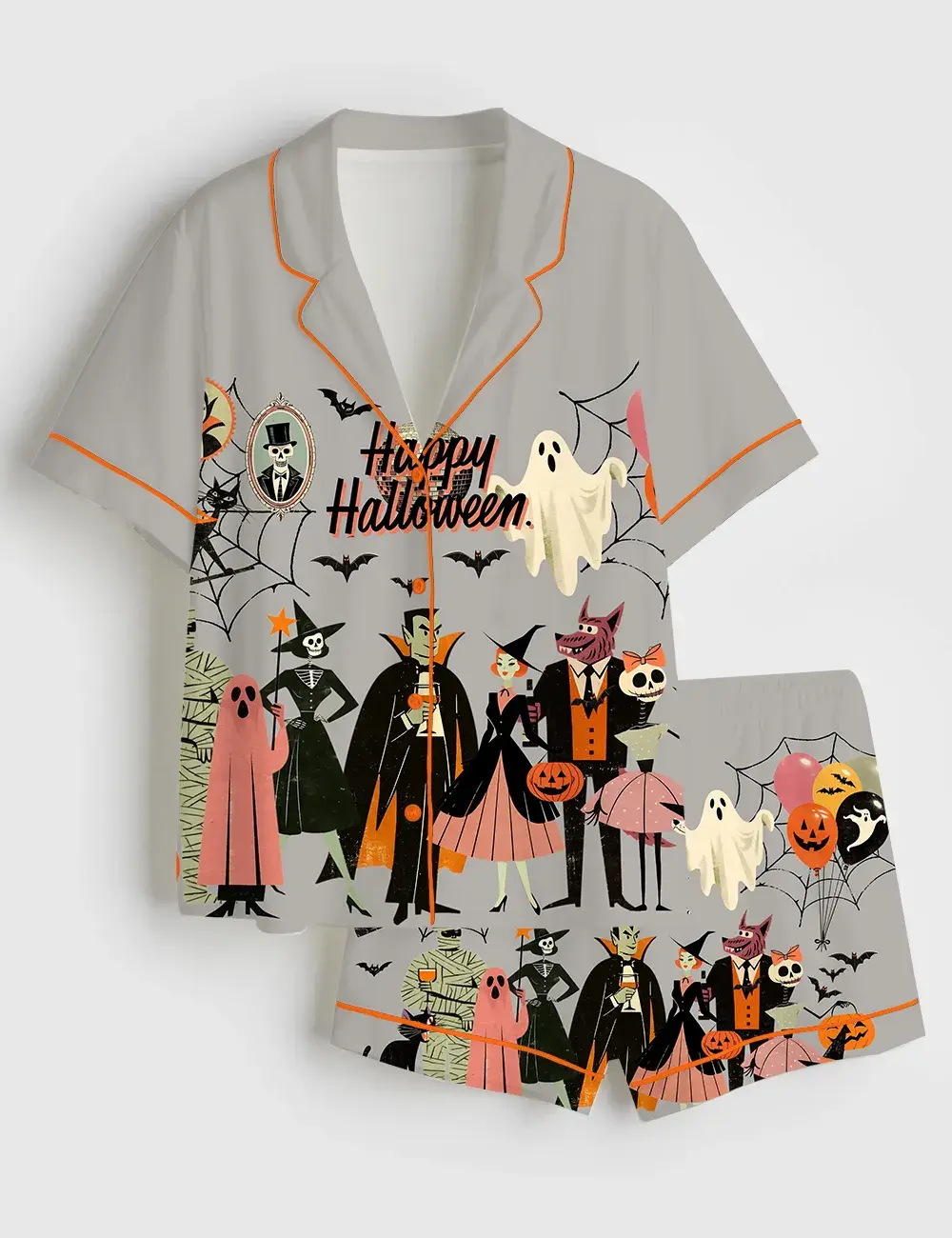 Women’s Retro Halloween Spooky Witch Vampire Ghost Pumpkin Short & Long Sleeve Silky Satin Pajama Set