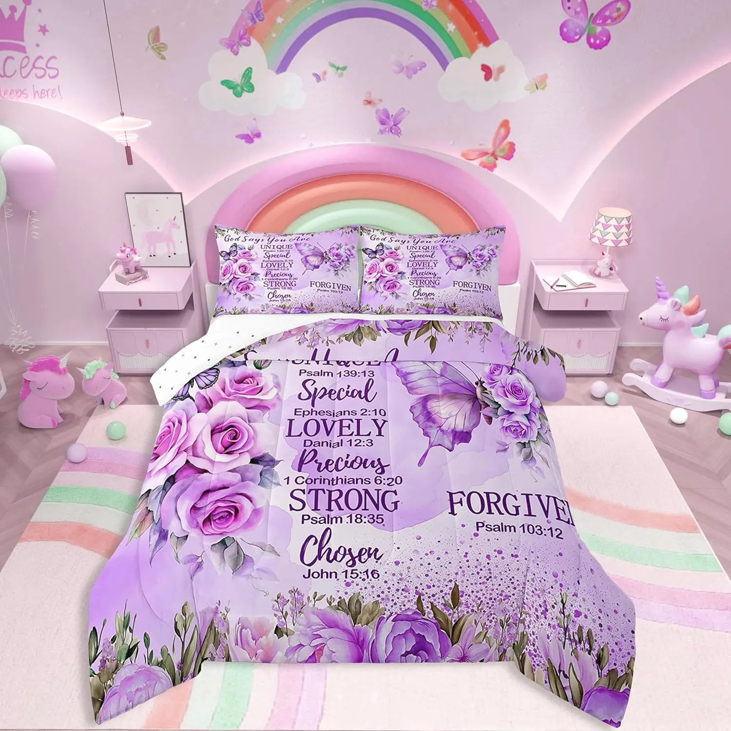 Feelyou Purple Butterfly Bohemian King Comforter Set - Boho Bed Set with Lavender Floral Print, Inspirational Quotes, Bible Verse, Colorful Rose Polyester Fiber Duvet Insert, U-Stitching, Easy to Care, Machine Wash, Travel-Ready (King, Queen)