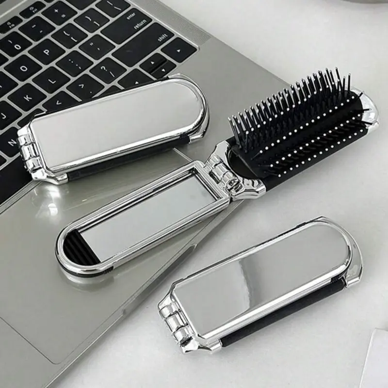 Hair Brush/ Mirror Compact Foldable - Compact Design, Black Handle, Ideal for Hair Care and Mirror Use