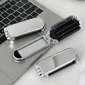 Hair Brush/ Mirror Compact Foldable - Compact Design, Black Handle, Ideal for Hair Care and Mirror Use