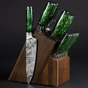 16-Piece Japanese Kitchen Knife Block Set, Natural Acacia Wood - Beautifully Engraved Chef Knife Set, Steak Knives, Kitchen Shears - Green Resin - Senken Knives