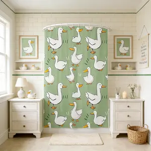 Feelyou Cartoon Duck Shower Curtain - Cute Farmhouse Livestock Animal Design, Green Natural Themed Washable Waterproof Cloth Bathroom Decor Set with Hooks