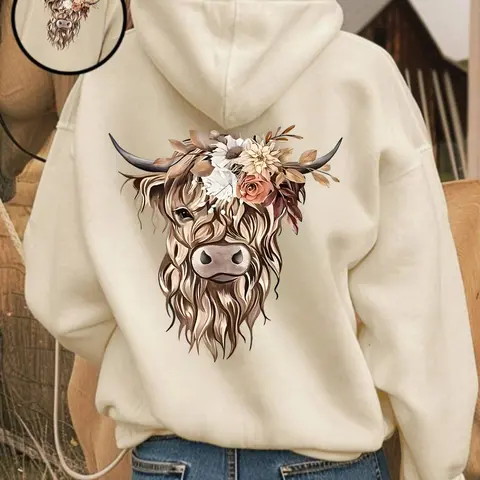 Unisex Highland Cow Floral Graphic Hoodie, Retro Country Style Long Sleeve Baggy, Knit Pullover Hoodie, Oversize Fit Pullover Sweatshirt with Floral Cow Print, Casual Wear, Ideal for Farm Life & Casual Outings, Gift for Animal Aesthetic & Vintage Fans