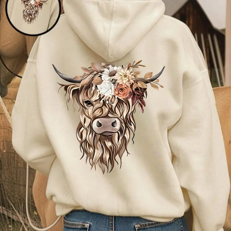 Unisex Highland Cow Floral Graphic Hoodie, Retro Country Style Long Sleeve Baggy, Knit Pullover Hoodie, Oversize Fit Pullover Sweatshirt with Floral Cow Print, Casual Wear, Ideal for Farm Life & Casual Outings, Gift for Animal Aesthetic & Vintage Fans