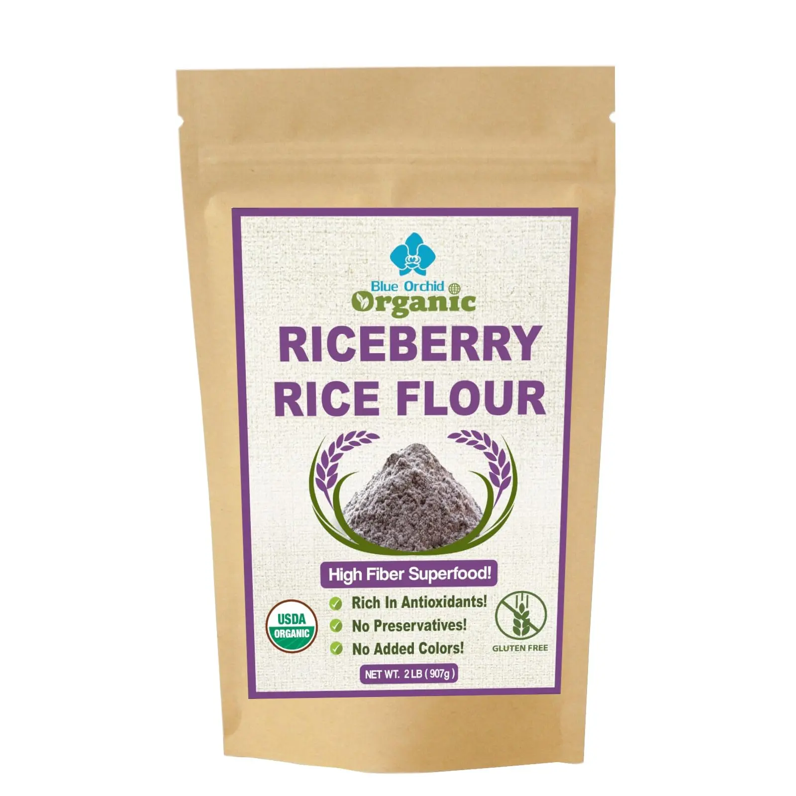 Organic Riceberry Flour - Superfine Gluten Free for Baking - 100% Whole Grain Thai Rice Flour - 2 LB, Light Purple