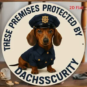 2D Dachshund Police Metal Sign These Premises Protected by Dachshund Security Round Decorative Plaque for Home Office Garage Unique Holiday Gift Idea Durable Playful Design Perfect for Room Decor Wall Art