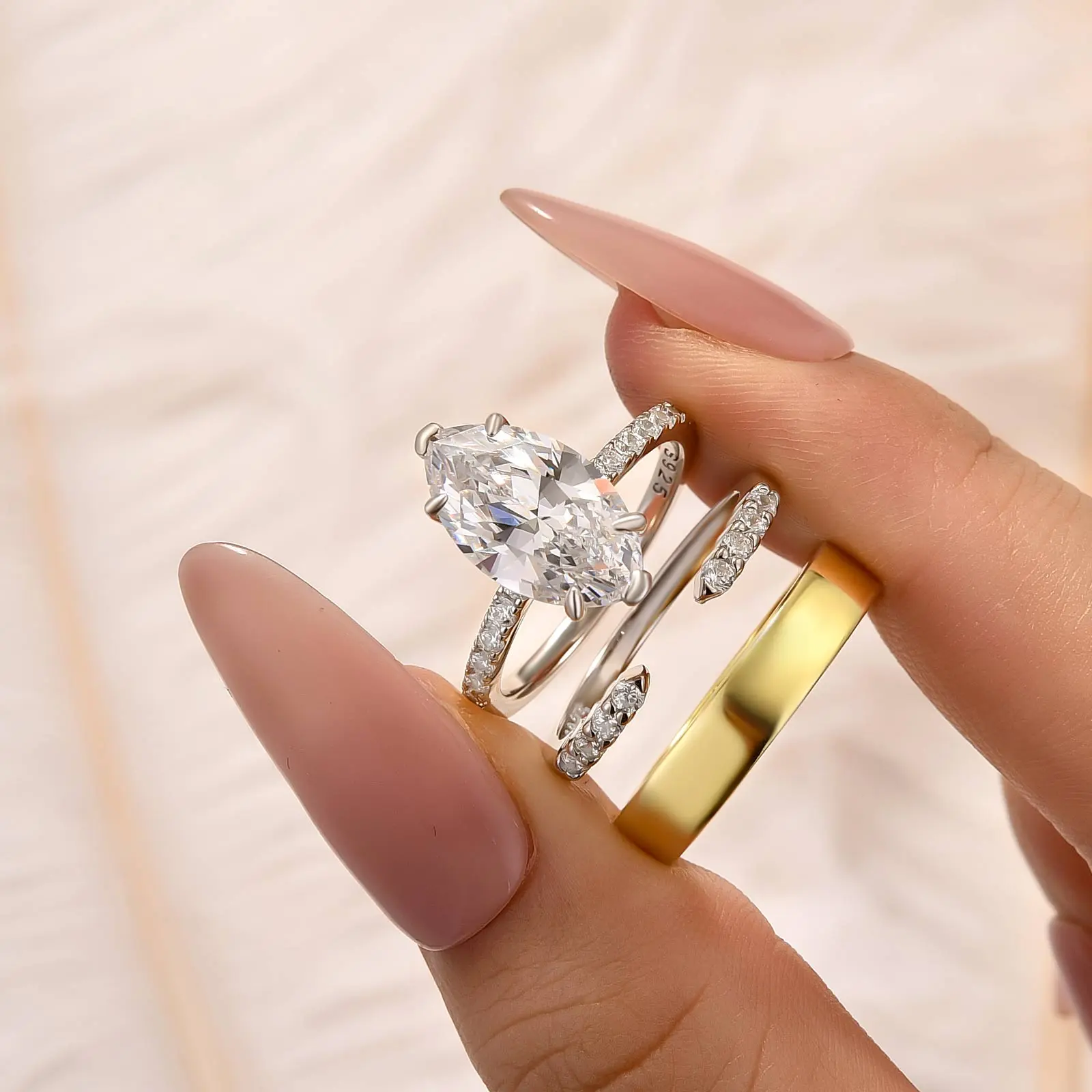 MAXINEJEWELRY 4.0ct Marquise Cut 5A Cubic Zirconia 3PC 2-Tone Engagement Ring Set, Women's Stacking Ring Set, Bridal Jewelry for Proposal, Anniversary, Engagement Rings