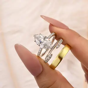 MAXINEJEWELRY 4.0ct Marquise Cut 5A Cubic Zirconia 3PC 2-Tone Engagement Ring Set, Women's Stacking Ring Set, Bridal Jewelry for Proposal, Anniversary, Engagement Rings