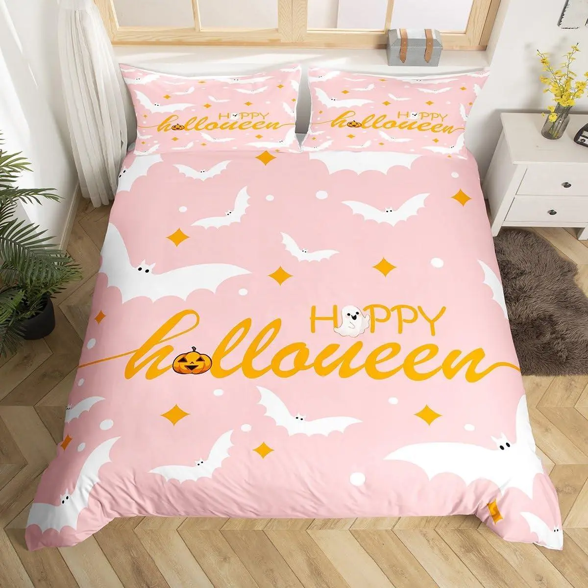 Happy Halloween Duvet Cover,Kids White Pink Bat Bedding Set,Cute Ghost Comforter Cover for Boys Girls Room Decor,Orange Pumpkin Lightweight Bedspread Cover with (No Comforter)