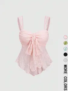 Romantic Lace Camisole Top for Women, Wide Straps and Bow-Front Design, Ruched Bust, Cute Slim-Fitting Summer Fashion