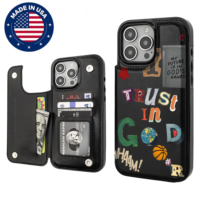 Trust In God Aesthetic Custom Cellphone Case for iPhone 16/15/14/13/12 Plus Pro Max, TPU PU Leather Cardholder Cover, Drop-Shockproof Anti-Scratch Vintage Fashion Protection Accessories