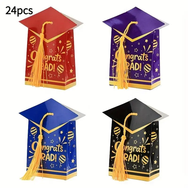 24 Colorful Graduation Cap Tassel Gift Boxes With Yellow Tassels - "Congratulations On Graduation!" Paper Gift Boxes, Suitable For Graduation Party Gifts And Decorations, Graduation Gift Boxes, Themed Gift Box