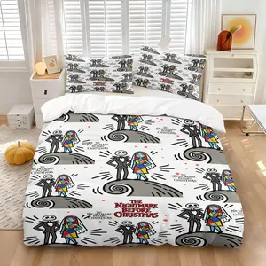 Corpse Bride Jack & Sally Wedding Theme Duvet Cover Set,  Includes One Comforter Cover and 1/2 Pillowcases, Rose Heart Print All Seasons Use Quilt Cover, Gothic Couple Bedroom Niche Personalized Bedroom Duvet Cover