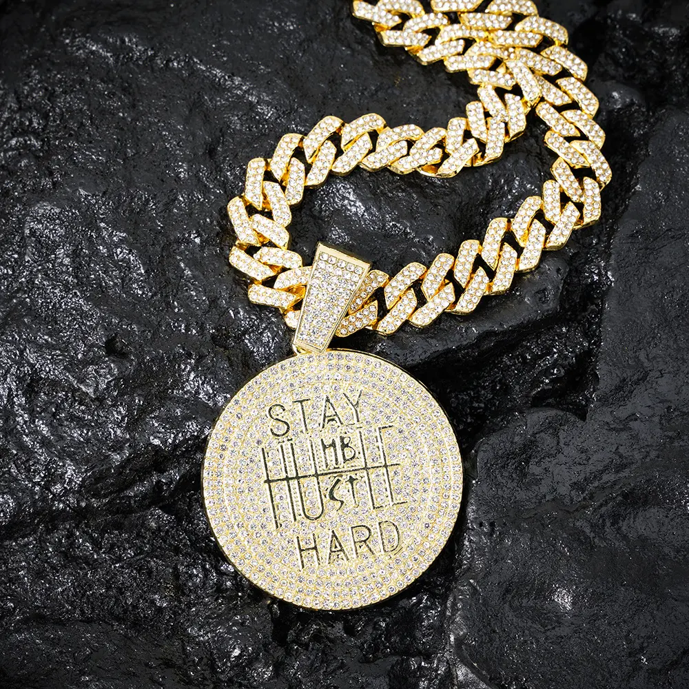 Hip Hop STAY HARD Letter Pendant Cuban Chain Necklace Punk Gold Color Iced Out Bling Necklaces Fashion Charm Men Women Jewelry