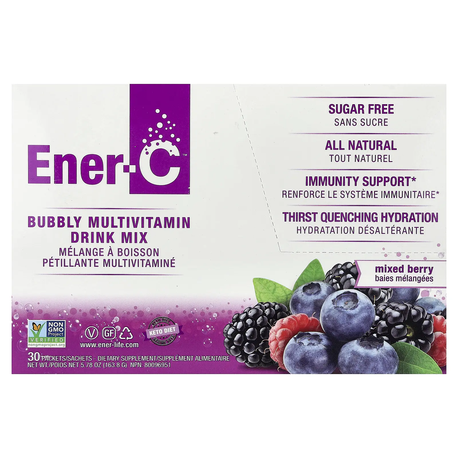 Ener-C Bubbly Multivitamin Drink Mix, Mixed Berry, 30 Packets, 0.2 oz (5.46 g) Each