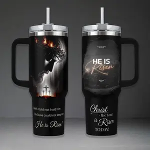 Christ The Lord Is Risen Today 40oz Insulated Tumbler with Handle, Religious Easter Resurrection Travel Mug, Jesus Crown of Thorns Double Printed Vacuum Flask, Christian Spiritual Gift, Heavy Duty Stainless Steel Cup with Straw