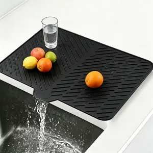 【Freylo】Dish drying mats for kitchen counter, Silicone dish drying mat ,Heat resistant mats for countertop,With drain port ,Stone drying mat for kitchen counter (23inchx17inch, black)