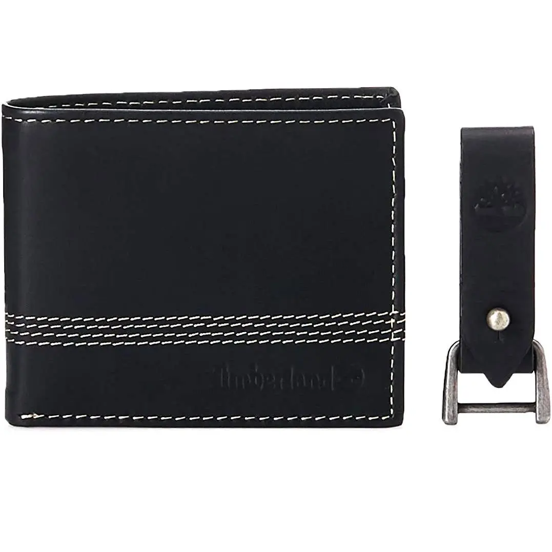 Timberland Mens Billfold Leather Wallet with Key FOB Gift Set Black