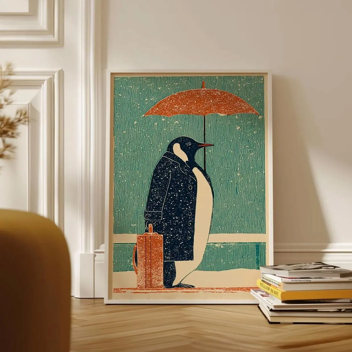 Japanese Penguin Poster, Retro Line Art Wall Art, Whimsical Animal Print, Japandi Decor | Unframed G