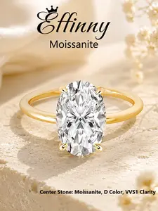 Effinny Synthetic Certified Moissanite 4.0 Carat Excellent Oval Cut Solitaire D Color VVS1 Hypoallergenic Engagement Ring, Fashion Design Women's Golden Plated Ring for Daily, Wedding, Party, Birthday