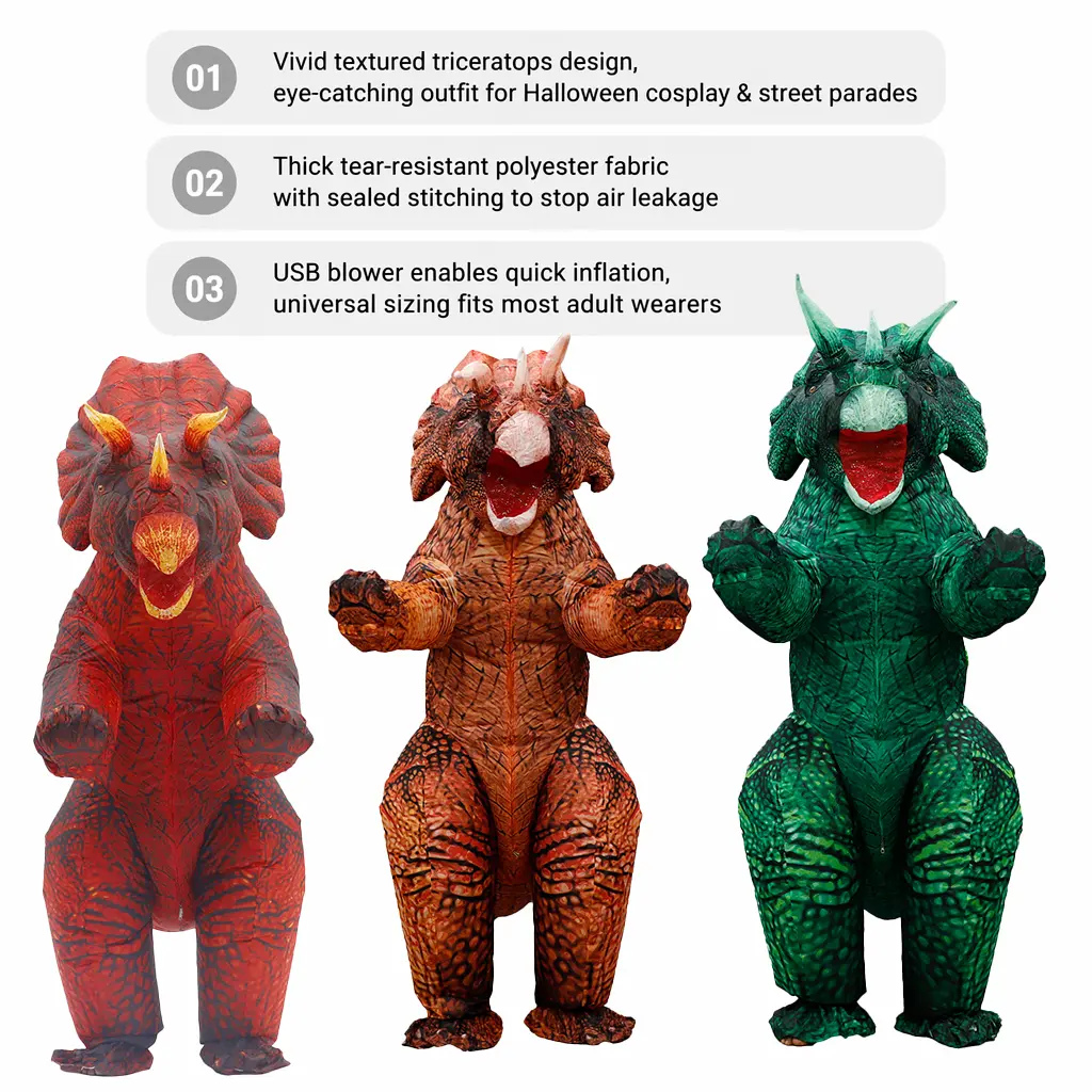 Adult Inflatable Dinosaur Costume, 3D Printed Triceratops Loose-Fit Suit in Lightweight Polyester for Halloween Party Cosplay, halloweenlook, Baggy, Oversized, Easter, Cosplay Costume, Casual, Blow Up Dinosaur Costume