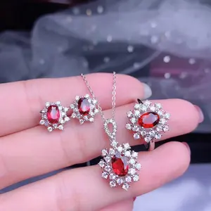 Open ring, necklace, earrings, imitation natural Mozambique garnet pendant set for women