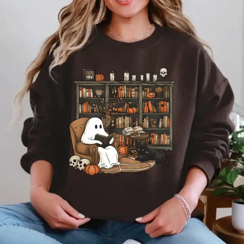 Ghost Reading Books Sweatshirt, Halloween Crewneck, Book Lover Sweatshirt, Librarian Sweatshirt, Booktok Gift, Coquette Halloween, Teacher Halloween Sweatshirt, Spooky Season Crewneck -DarkFlex