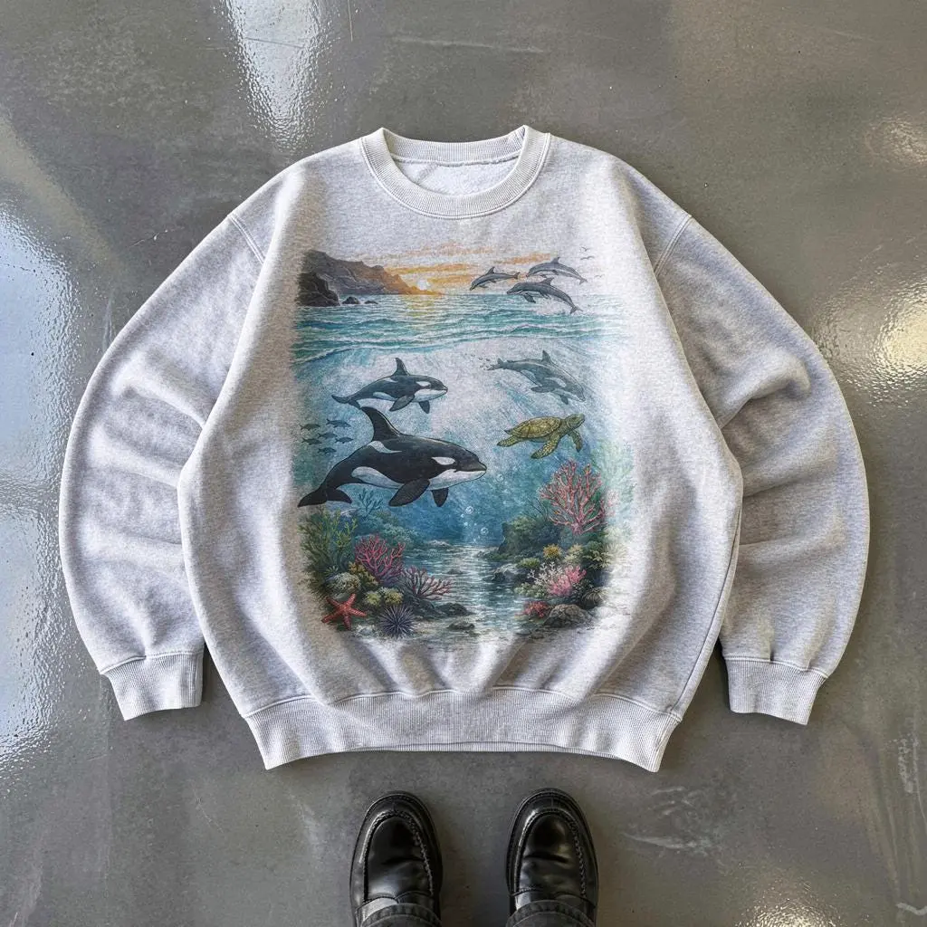 Orcas Sunset Sweatshirt, Ocean Shirt, Dolphin Sweatshirt, Summer Sweatshirt, Nature Lover Gift, Graphic Tee, Trendy Oversized
